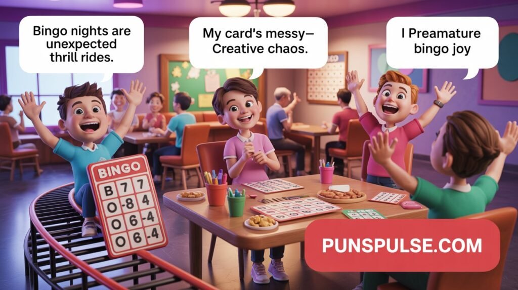Playful bingo puns feature image showing cute bingos in a colorful 3D cartoon scene, with humorous pun phrases displayed in speech bubbles and creative visual elements.
