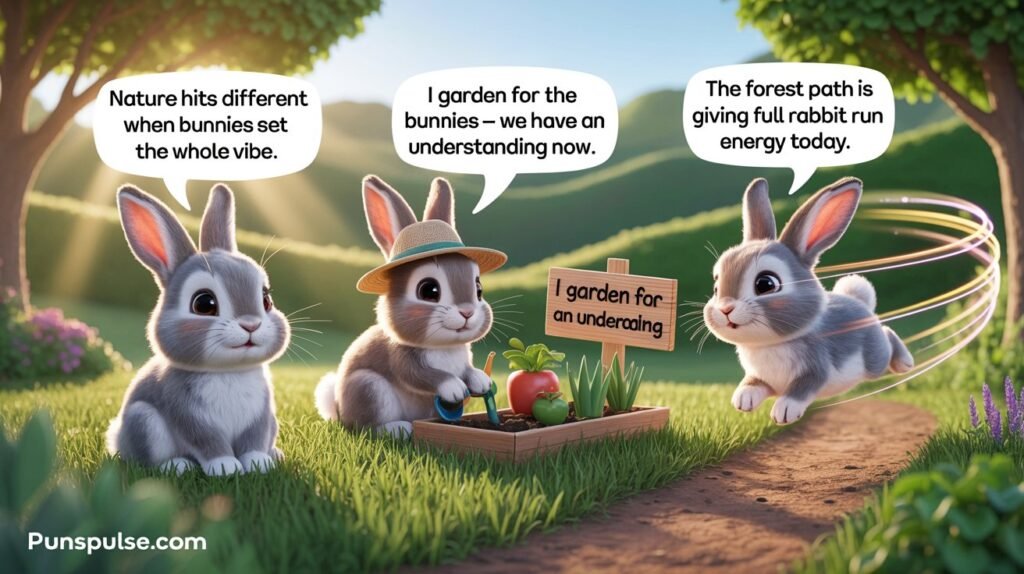 Bunny Puns
Playful bunny puns feature image showing cute rabbits in a colorful 3D cartoon scene, with humorous pun phrases displayed in speech bubbles and creative visual elements.