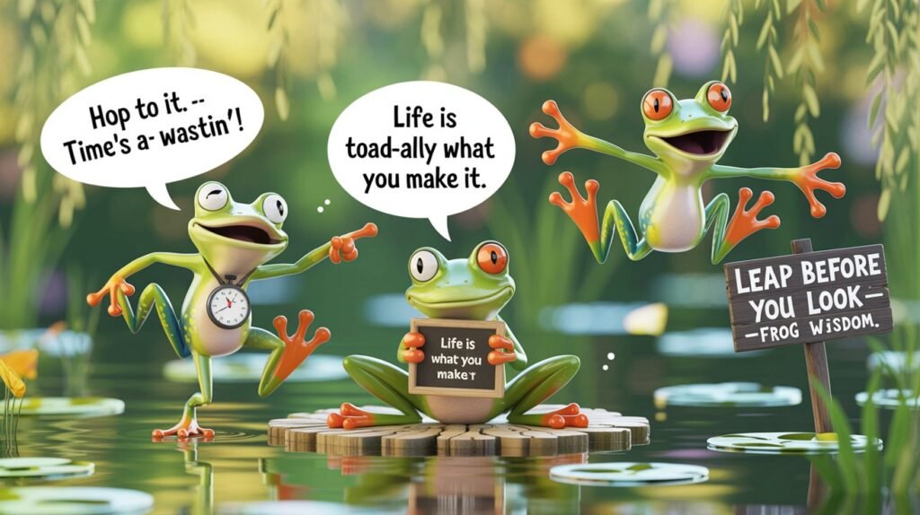 Frog Puns
Playful frog puns feature image showing cute frogs in a colorful 3D cartoon scene, with humorous pun phrases displayed in speech bubbles and creative visual elements.
