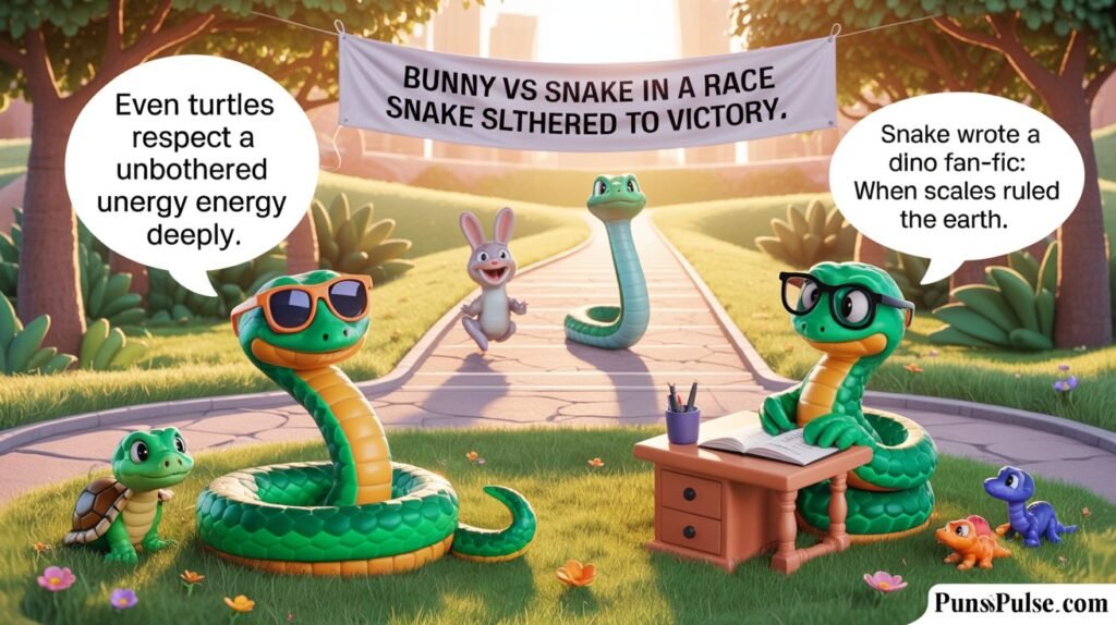 Snake Puns
Playful snake puns feature image showing cute snakes in a colorful 3D cartoon scene, with humorous pun phrases displayed in speech bubbles and creative visual elements.
