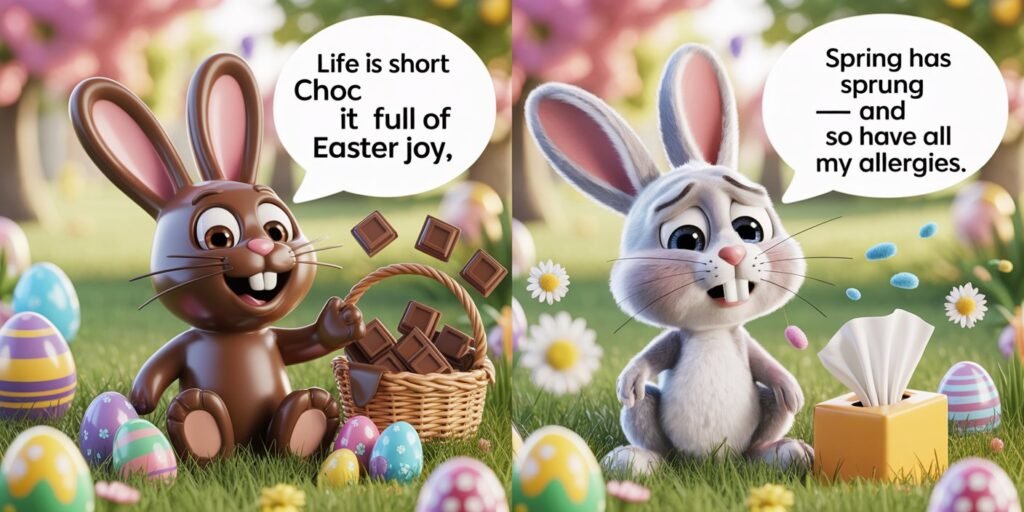 Easter puns
Playful Easter puns feature image showing cute Easter in a colorful 3D cartoon scene, with humorous pun phrases displayed in speech bubbles and creative visual elements.