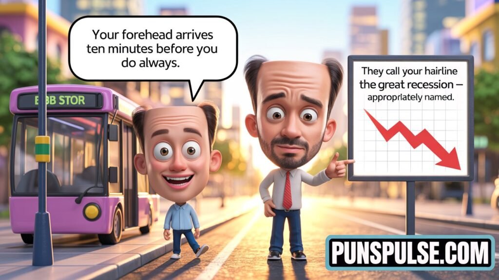 Playful big forehead puns feature image showing  colorful 3D cartoon scene, with humorous pun phrases displayed in speech bubbles and creative visual elements.
