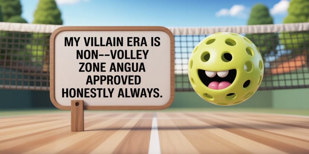 A playful, colorful scene featuring a Pickleball  or character alongside a sign displaying a humorous or witty phrase, set in a bright and engaging environment that visually represents the message.