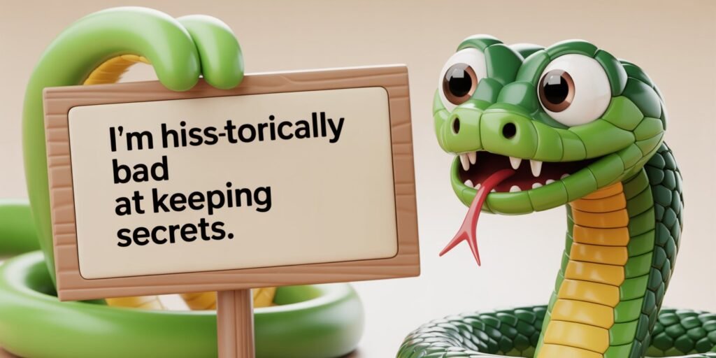 A playful, colorful scene featuring a Snake  alongside a sign displaying a humorous or witty phrase, set in a bright and engaging environment that visually represents the message.
