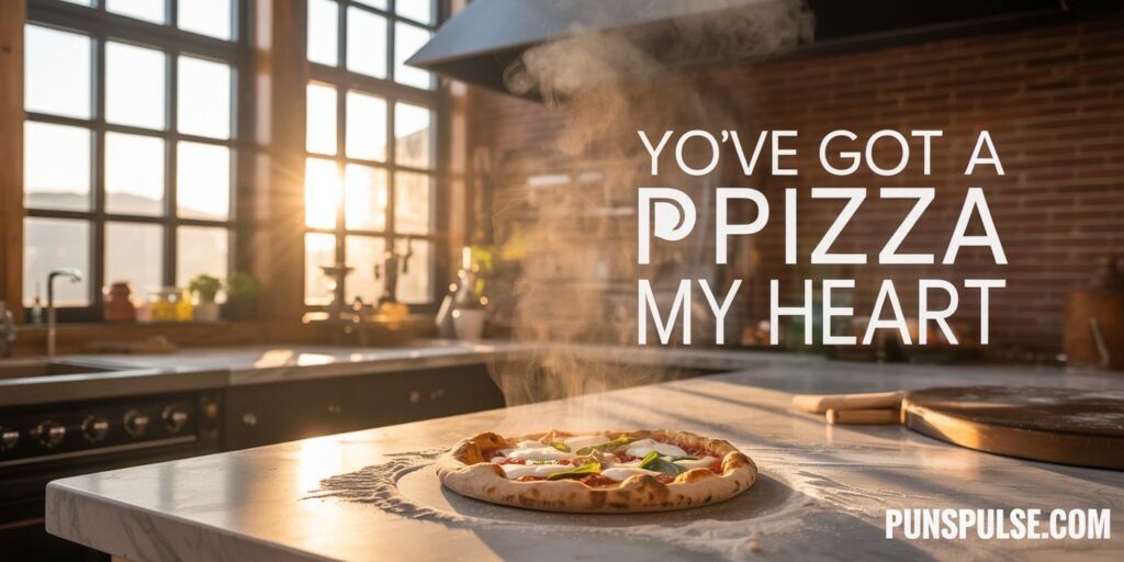 Pizza Puns
a pizza is placed on table. and puns are written on it
