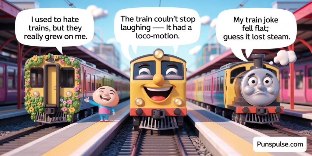 Train Puns
image contains trains with funny puns written in bubble out