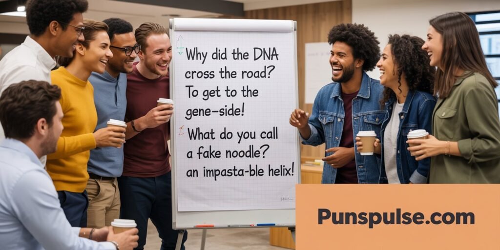 Genetics Jokes
people laughing standing around the bill board containing puns