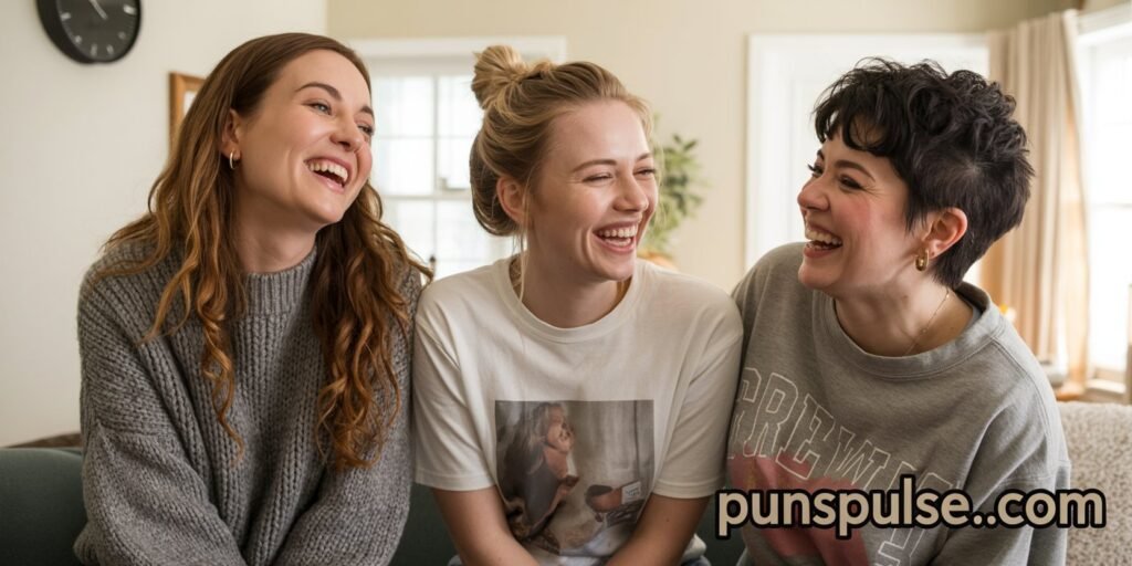 A candid indoor photograph of three young women sharing a moment of laughter while sitting on a couch. The woman on the left wears a chunky knit gray sweater and has long wavy brown hair. The woman in the middle wears a white t-shirt with a graphic print and has blonde hair styled in a top knot. The woman on the right wears a gray sweatshirt and has short dark hair styled in a messy cut. All three are laughing heartily, with genuine expressions of joy. The setting is a living room with cream-colored walls and natural lighting coming from windows in the background. A black clock is partially visible on the wall. The image has a warm, natural color palette with soft lighting that creates a cozy atmosphere. The photo is shot from a slightly elevated angle, capturing the authentic expressions and genuine laughter of the subjects. at any corner of image there is url "PunsPulse.com" with large readable size and contrast font color.
