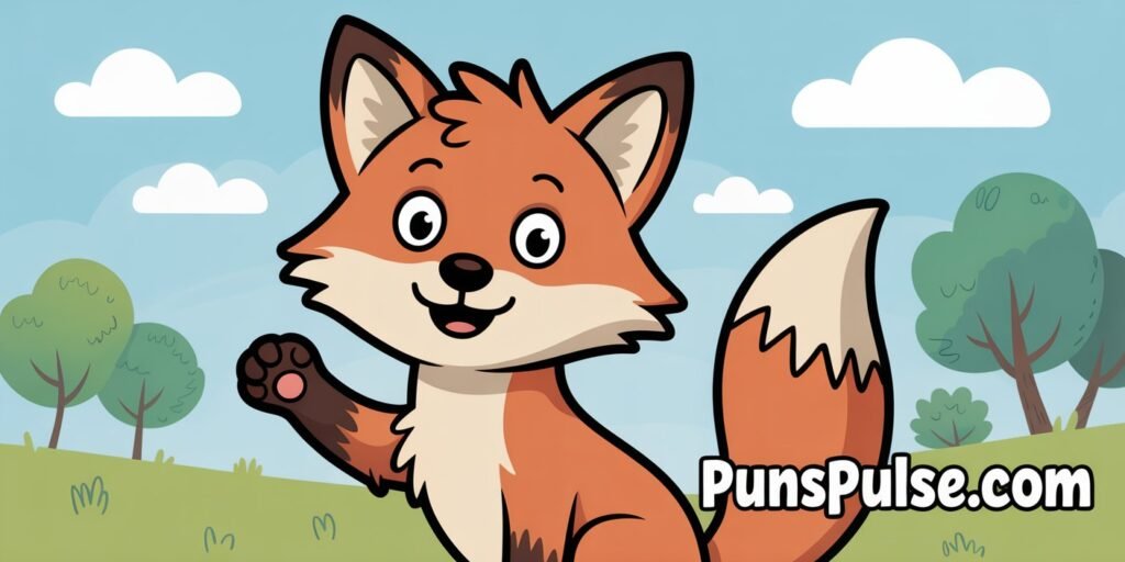 A cartoon illustration of a happy fox in a natural outdoor setting. The fox has orange-red fur on its body and head, with a cream-colored chest and white tip on its bushy tail. The fox has a friendly smile, large expressive eyes, and pointed ears. The background features a light blue sky with white fluffy clouds, green trees with rounded tops, and a grassy hill. The art style is simple and child-friendly with clean lines and solid colors. The fox is positioned in the center of the image, sitting upright with one paw raised in a friendly gesture. The overall composition has a warm, cheerful atmosphere with soft colors and gentle shading. at any corner of image there is url "PunsPulse.com" with large readable size and contrast font color.