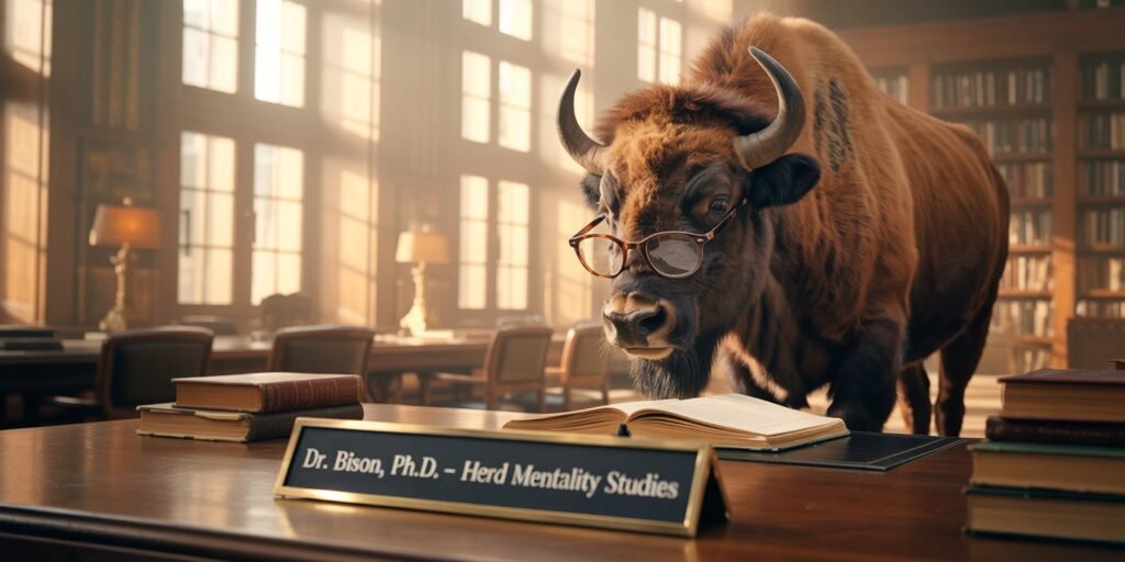 Bison Puns
a bison is wearing glasses and standing as doctor in front of table in his room