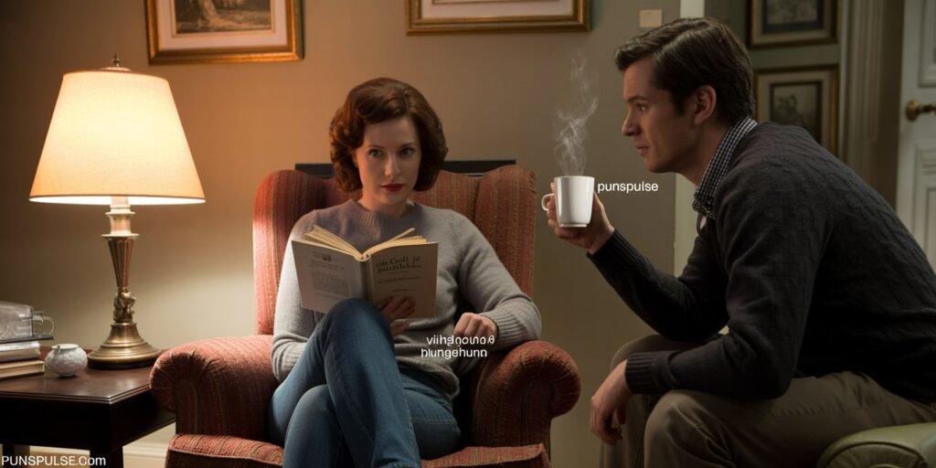 Helen Keller Jokes
A cinematic still from a period drama showing a dimly lit living room scene. A woman sits in a plush armchair reading from an open book, wearing a light gray sweater and blue jeans. A vintage-style table lamp with a cream-colored shade sits on a side table to the left, casting warm light. A man stands beside the chair, wearing a dark sweater and holding a steaming white coffee cup. The room has cream-colored walls with framed artwork visible in the background. The lighting is moody and atmospheric, with shadows cast across the scene. The armchair is upholstered in a rich red-brown fabric with a traditional pattern. The overall color palette consists of warm browns, grays, and deep reds, creating an intimate indoor setting. The image has a professional film quality with careful attention to lighting and composition.at any corner of image there is watermark of url "PunsPulse.com" with readable size and contrast font color.