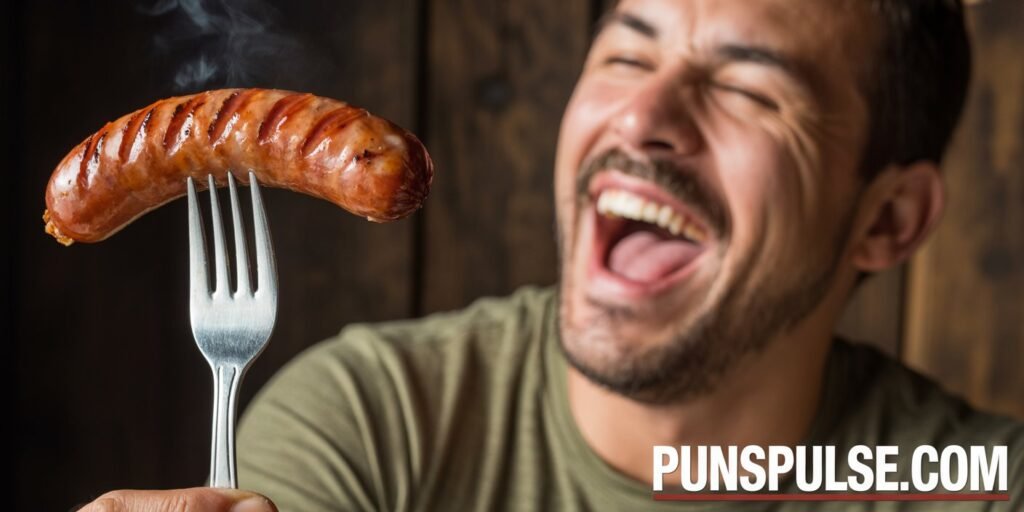 A close-up food photography shot of a grilled bratwurst sausage on a silver fork, held up against a laughing man. The sausage has distinct char marks and a rich brown color, with a glossy surface indicating it's cooked to perfection. The bratwurst is positioned on the left side of the frame, while on the right, a man in an olive green t-shirt is captured mid-laugh with eyes closed and mouth wide open in an expression of pure joy. The background is dark and moody, creating dramatic contrast with the subject. The lighting is warm and directional, highlighting the texture of the sausage and creating subtle shadows. The composition is shot from a side angle, with the fork and sausage positioned diagonally across the frame.
at any corner of image there is url "PunsPulse.com" with large readable size and contrast font color.