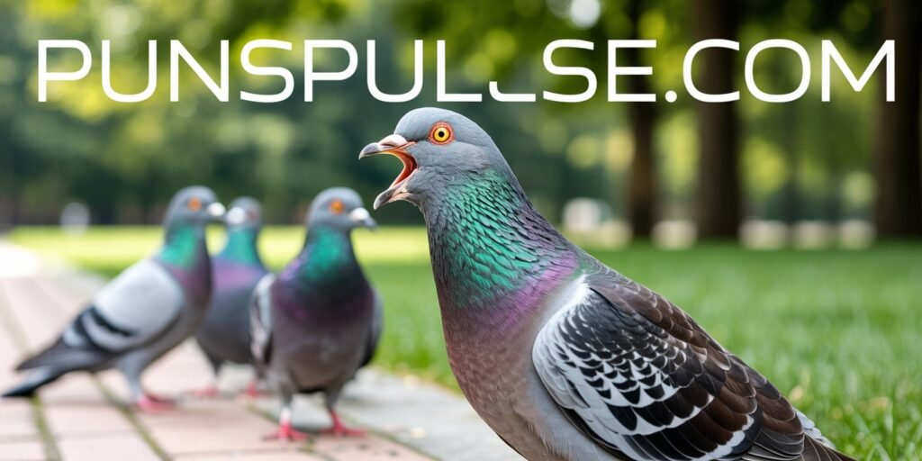 A close-up photograph of a gray and green pigeon in sharp focus, with its beak open in a wide, excited expression. The pigeon's eye is bright yellow, and its feathers show detailed texture, particularly in the neck area where there is a rich green iridescent sheen. In the background, slightly out of focus, are three other pigeons standing on a paved path. The setting is a park with green grass and trees visible in the soft bokeh background. The lighting is natural and even, highlighting the details in the pigeon's feathers. The image has a shallow depth of field, creating a professional portrait-style photograph with the main subject standing out against the blurred background. at any corner of image there is url "PunsPulse.com" with large readable size and contrast font color.