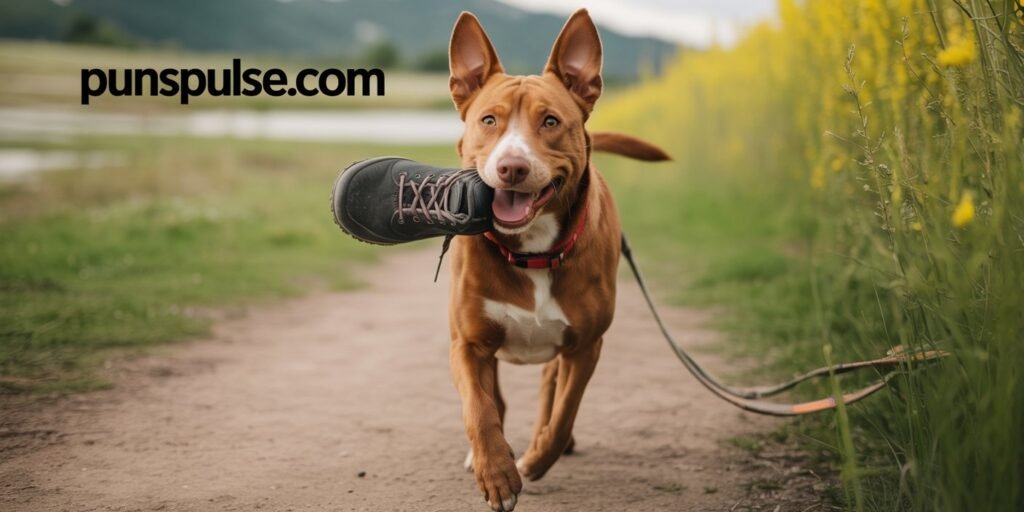 A close-up photograph of a happy brown dog running on a dirt path, with a black hiking boot in its mouth. The dog has pointed ears, a black nose, and is displaying a joyful expression with its mouth open in a smile. The dog is wearing a red collar and has a leash attached. The background shows a natural outdoor setting with green grass and yellow wildflowers on the right side. The path is a light brown dirt trail that curves slightly. The lighting is natural and even, creating a warm, outdoor atmosphere. The image has a shallow depth of field, with the dog in sharp focus while the background vegetation is slightly blurred. at any corner of image there is url "PunsPulse.com" with large readable size and contrast font color.