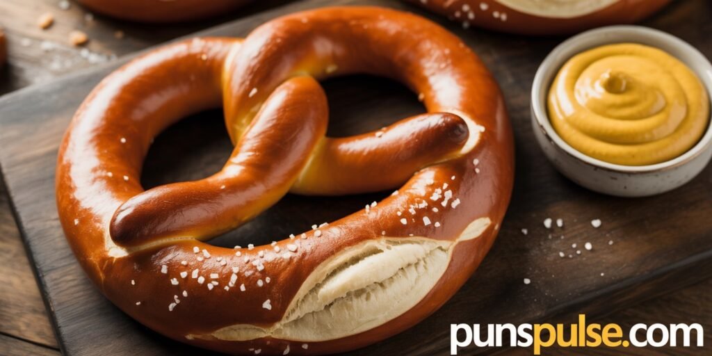 A close-up photograph of a large, perfectly baked pretzel with a glossy golden-brown crust, sitting on a dark wooden surface. The pretzel has a classic loop and knot design with coarse salt crystals sprinkled on top. To the right, there is a small white ceramic bowl containing bright yellow mustard. Small crumbs and salt particles are scattered on the wooden surface around the pretzel. The lighting is warm and creates subtle shadows beneath the pretzel, emphasizing its texture and the glossy surface of the mustard. The image has a shallow depth of field, with the pretzel in sharp focus while the background gently blurs.
at any corner of image there is url "PunsPulse.com" with large readable size and contrast font color.