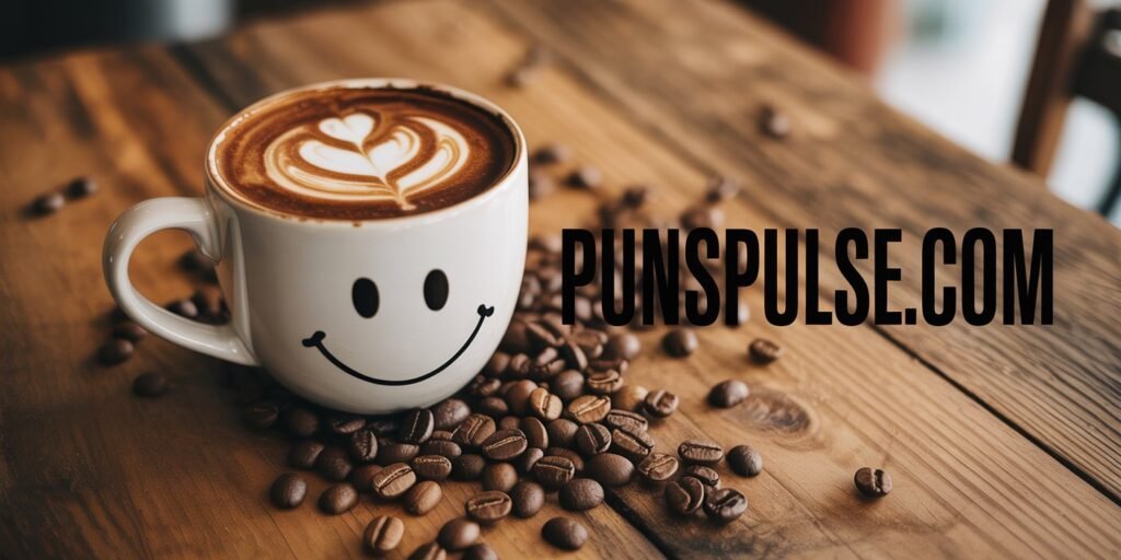A close-up photograph of a white ceramic coffee mug with a simple black smiley face drawn on its front, sitting on a wooden table. The coffee inside has a heart-shaped latte art pattern in white foam. The coffee is a rich brown color. In the background, there are dark coffee beans scattered on the wooden surface. The image has a warm, brownish color tone and is shot with shallow depth of field, creating a soft blur in the background. The wooden table has visible grain patterns and a natural brown color. at any corner of image there is url "PunsPulse.com" with large readable size and contrast font color.