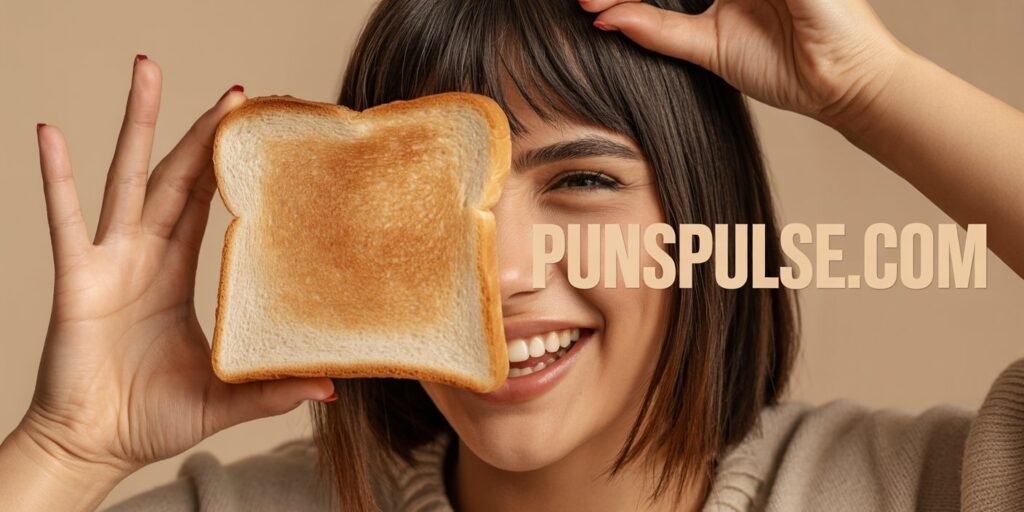 A close-up photograph of a young woman with straight dark brown hair with bangs, wearing a beige top, making a playful face with a slice of toasted bread held up to her face. The bread is positioned to create a mask-like effect, with the bottom edge framing her mouth and chin, and the top edge covering her eyes. She has a bright, enthusiastic smile showing white teeth, and her eyes are squinted behind the bread. The background is a solid beige color, creating a warm, neutral setting. The lighting is soft and even, creating subtle shadows on the bread and highlighting the natural texture of the toast. The image is cropped to focus on the face and hands, with the hands visible at the top of the frame holding the bread in place.
at any corner of image there is url "PunsPulse.com" with large readable size and contrast font color.