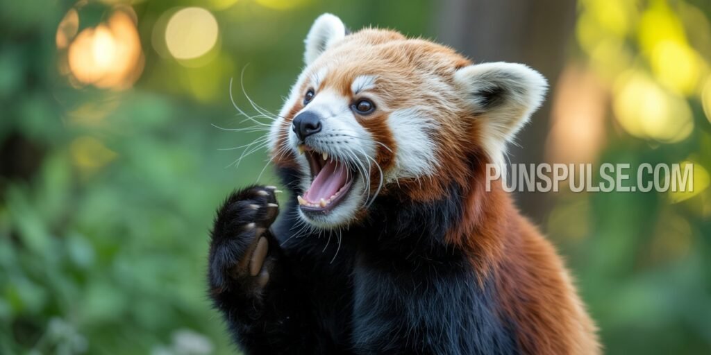 A close-up photograph of a red panda yawning with its mouth wide open, revealing its pink tongue and teeth. The red panda's fur is predominantly reddish-brown on top with white fur around its face, whiskers, and ears. Its black paw is raised to its mouth in a self-grooming gesture. The background is softly blurred with bokeh effects, showing muted greens and warm golden tones. The lighting is natural and soft, highlighting the details of the red panda's facial features and fur texture. The image is cropped to focus on the head and partial upper body of the red panda, with the bottom portion of the frame cutting off at its chest area. at any corner of image there is url "PunsPulse.com" with large readable size and contrast font color.