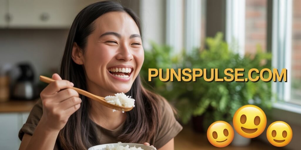 A close-up photograph of an Asian woman with long dark hair laughing joyfully while eating white rice with a wooden spoon. She is wearing a brown t-shirt and is photographed in a kitchen setting with a window visible in the background. The lighting is warm and natural, coming from the window. A potted plant sits on the windowsill in the background. The image has a shallow depth of field, with the subject in sharp focus and the background slightly blurred. In the bottom right corner, there are three small yellow emoji-style birds. The overall color palette is warm with brown, beige, and green tones. The composition is shot from a slightly elevated angle, capturing an authentic moment of genuine happiness and enjoyment. at any corner of image there is url "PunsPulse.com" with large readable size and contrast font color.