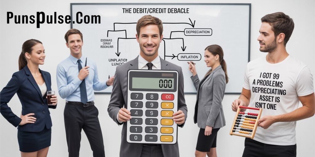 A corporate office scene with five people in business attire standing around a whiteboard. The whiteboard has a flowchart diagram titled "THE DEBIT/CREDIT DEBACLE" with various branches and text nodes including "DEPRECIATION", "UNPAID LUNCH", and "INFLATION". In the center of the image, a man in a gray suit is holding a large calculator showing "00". To the left, a woman in a navy business suit stands with hands on her hips, holding a drink. Next to her, a man in a light blue dress shirt and tie is gesturing with a pen. Behind them, a woman in a gray blazer and another man in casual attire stands near the whiteboard. On the right side, a man wearing a white t-shirt with black text reading "I GOT 99 PROBLEMS BUT A DEPRECIATING ASSET ISN'T ONE" holds an abacus. The scene has a professional office setting with white walls and is well-lit.