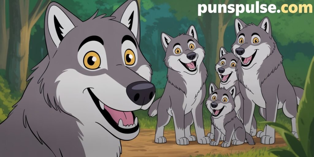 A digital illustration of a happy wolf family in a forest setting. The main wolf in the foreground has gray fur, a bright yellow eye with a wide smile, and is looking directly at the viewer. Behind it are three other wolves - two adults and one cub - all with similar gray fur and yellow eyes, all displaying cheerful expressions. The wolves are positioned in a casual group formation, with the adults standing and the cub nestled between them. The background features a lush green forest setting with trees and foliage. The art style is cartoon-like with smooth lines and vibrant colors. The lighting creates a warm, natural atmosphere in the woodland scene. The image has a cinematic quality with professional color grading and clean production values. at any corner of image there is url "PunsPulse.com" with large readable size and contrast font color.