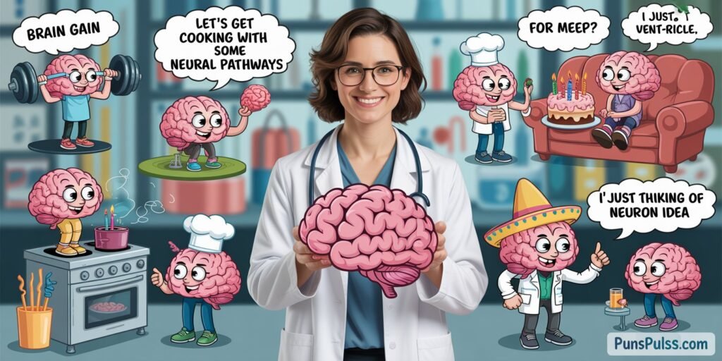 A humorous medical illustration featuring a woman in a white lab coat and glasses holding a pink brain model against a blurred laboratory background. The image contains several cartoon brain characters in various poses and situations. In the top left, a brain figure is lifting a barbell with the text "BRAIN GAIN". A brain character in a chef's hat stands next to a stove with the text "LET'S GET COOKING WITH SOME NEURAL PATHWAYS". Another brain figure is sitting on a couch with a birthday cake and candles, with the text "FOR MEEP?" and "I JUST NEED TO VENT-RICLE". A brain character wearing a sombrero is shown with the text "I'M THINKING OF A NEURON IDEA". The illustration includes various speech bubbles containing humorous medical puns and references. The overall color palette consists of pink, blue, and white tones, with the laboratory background rendered in muted blues and grays. The illustration style is cartoonish with anatomically accurate brain models integrated into everyday scenarios. at any corner of image there is url "PunsPulse.com" with large readable size and contrast font color.