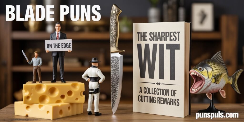 A humorous still life composition featuring a pun-themed arrangement centered around blades and knives. The title "BLADE PUNS" appears in large white text at the top of the image. The scene includes a small figurine of a man in a suit holding a sign that reads "ON THE EDGE" standing between two stacked pieces of yellow Swiss cheese. A decorative ornate knife with intricate patterns stands in the center. A small action figure of a ninja is positioned on top of the cheese. A book titled "THE SHARPEST WIT: A COLLECTION OF CUTTING REMARKS" is positioned on the right side of the composition. A cartoon illustration of a fish with an open mouth is on the right edge of the scene. The background is dark and blurred, creating depth. The entire composition is photographed on a wooden surface with warm tones. The arrangement plays on the double meaning of "edge" and "wit" in a punny manner, with all elements carefully arranged to create visual gags related to blades and puns.
at any corner of image there is url "PunsPulse.com" with large readable size and contrast font color.