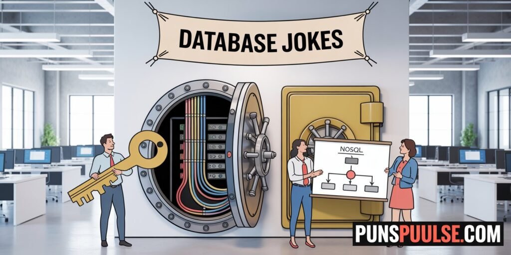 A modern office interior with a large industrial-style vault door in the center. Above the door hangs a banner with the text "DATABASE JOKES" in black letters on a light background. The vault door is silver-colored with visible screws and contains exposed network cables and wiring in red, blue, and black colors running through it. To the right of the vault is a large gold-colored safe with ornate details and hinges. Three people stand in front of these elements - a man on the left holding a large golden key, and two women on the right presenting a whiteboard with a flowchart diagram labeled "NoSQL". The office space behind them has white walls, fluorescent lighting, and multiple workstations with computers. The space is well-lit with natural light coming from windows visible in the background. The overall color scheme is dominated by whites, grays, and metallic tones, creating a clean, professional atmosphere.
at any corner of image there is url "PunsPulse.com" with large readable size and contrast font color.