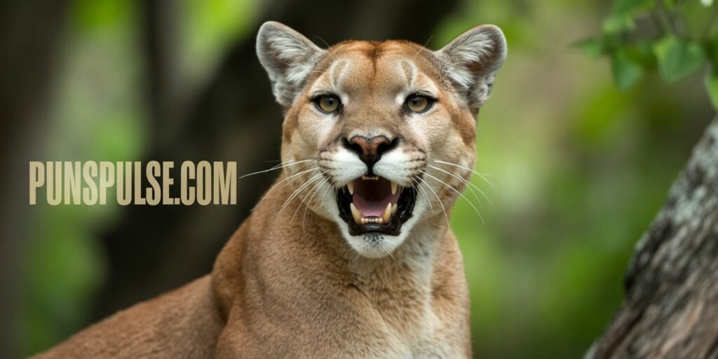 A close-up photograph of a mountain lion with smiling face in a natural outdoor setting. The big cat has a light tan-colored fur coat and is captured in sharp detail, showing its open mouth revealing white teeth and a pink tongue. The mountain lion's expression is fierce and aggressive, with narrowed eyes and visible whiskers. The background is softly blurred with green foliage and trees creating a natural forest setting. The lighting is natural and even, highlighting the details of the cat's facial features and fur texture. The composition is centered on the mountain lion's face and upper body, with the entire animal filling most of the frame. The image has a professional wildlife photography quality with excellent focus on the subject while maintaining a shallow depth of field. at any corner of image there is url "PunsPulse.com" with large readable size and contrast font color.