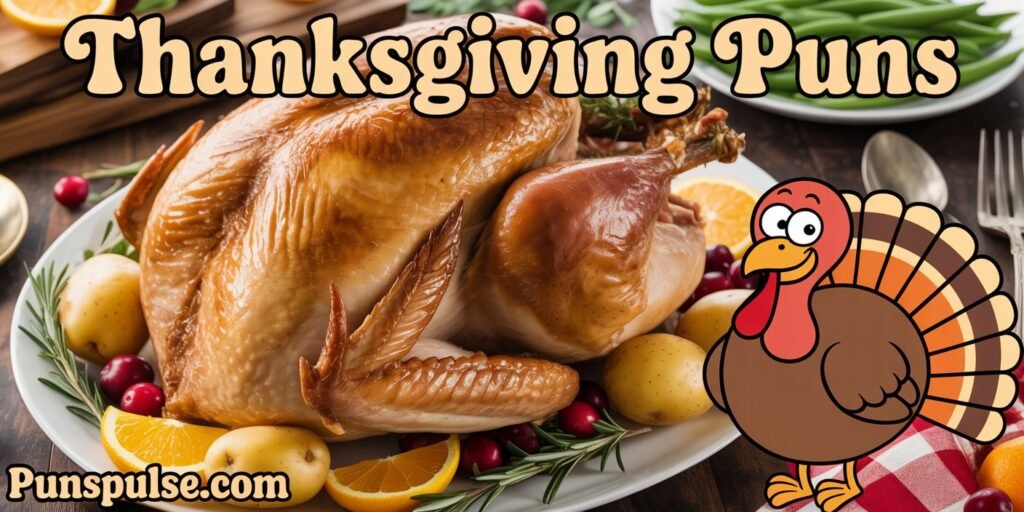 A promotional image for Thanksgiving puns featuring a perfectly roasted golden-brown turkey on a white ceramic platter. The turkey is garnished with fresh cranberries and rosemary sprigs, and surrounded by whole potatoes and orange citrus slices. In the bottom right corner, there is a cartoon illustration of a brown turkey character with a cheerful expression, orange beak, and traditional Thanksgiving-style striped tail feathers. The background shows a partial view of a white plate with green beans. The text "Thanksgiving Puns" appears at the top of the image in a decorative cream-colored font. The overall image has a warm, autumnal color palette with rich browns, golden yellows, and deep reds from the cranberries. The lighting is warm and professional, highlighting the crispy skin of the roasted turkey. at any corner of image there is url "PunsPulse.com" with large readable size and contrast font color.