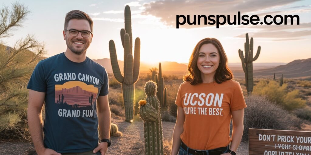 A sunset photograph in the Arizona desert featuring two people in casual attire against a dramatic desert landscape. On the left, a man wearing a navy blue t-shirt with "GRAND CANYON GRAND FUN" text and a desert scene graphic. On the right, a woman in an orange t-shirt with "UCSON YOU'RE THE BEST" text. Both are standing in front of tall saguaro cacti silhouetted against a golden sunset sky. The foreground includes desert vegetation and a decorative cactus figure. A wooden sign is partially visible in the bottom right corner with text that reads "DON'T PRICK YOUR". The desert landscape features rolling hills in the background, creating layers of depth. The lighting creates a warm, golden glow across the scene, with wispy clouds in the sky. The composition captures the natural beauty of the Sonoran Desert with its characteristic saguaro cacti and desert flora. at any corner of image there is url "PunsPulse.com" with large readable size and contrast font color.