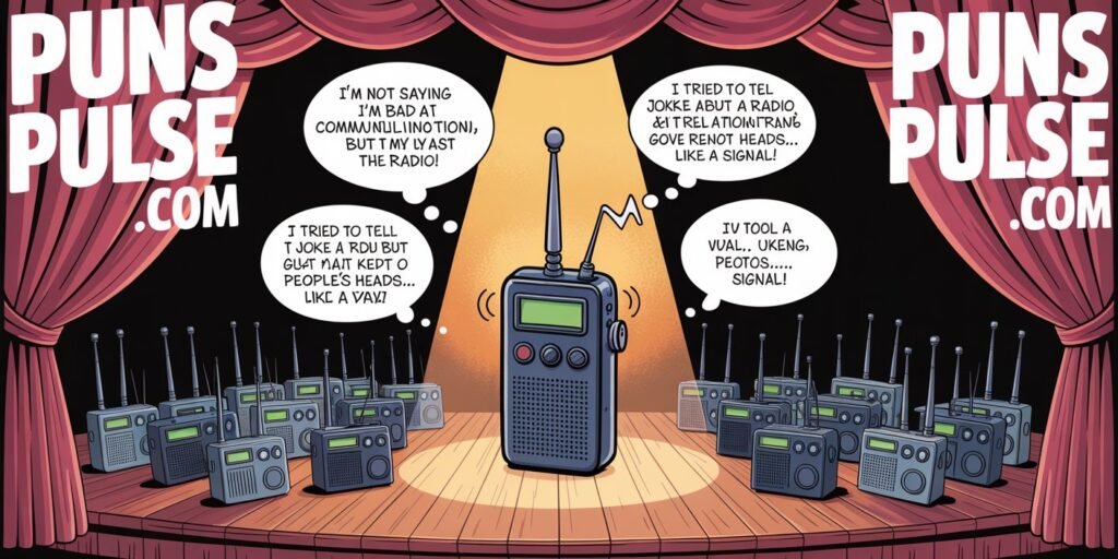 A humorous cartoon illustration of a radio-themed comedy stage performance. The central focus is a black handheld radio with buttons and a display screen, positioned on a wooden stage with a red velvet curtain backdrop. Multiple radio transmitters are arranged in rows in the foreground, creating a comic effect of a full orchestra of radios. The stage has a spotlight effect with a warm golden glow centered on the radio. Four speech bubbles containing humorous radio-themed jokes float around the radio: "I'M NOT SAYING I'HE BAD AT COMMUNICATION, BUT MY LAST OVER THE RADIO!" "I'M NOT SAYING I'HE THE LAST RELATIONSHIP WAS... OVER THE RADIO!" "I TRIED YA TELL A A JOKE ABOUT A RELATIONSHIP OVER THE RADIO!" and "I TRIED YA JOKE ABOUT A RADIO, BUT IT JUST KEPT GOING OVER PEOPLE'S HEADS... LIKE A SIGNAL". The illustration has a theatrical atmosphere with dramatic lighting and a rich red color scheme. The background curtain creates a classic stage setting with deep folds at any corner of image there is url "PunsPulse.com" with large readable size and contrast font color.
