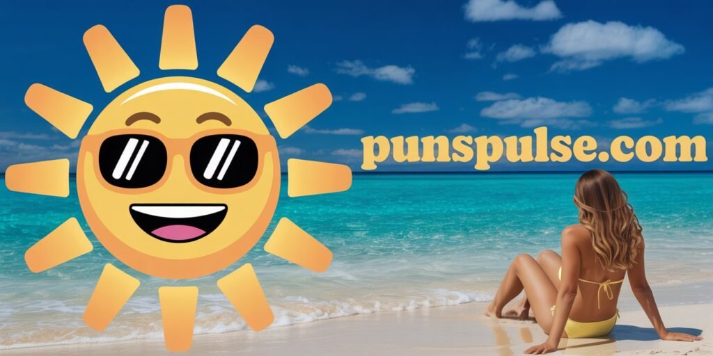 A beach scene with a large cartoon sun emoji wearing black sunglasses in the foreground. The sun emoji has a bright yellow face with radiating yellow lines representing rays, a black curved smile, and black rectangular sunglasses. The background shows a tropical beach setting with turquoise ocean waters and white sandy beach. A woman in a yellow bikini is sitting on the beach, facing the ocean, with long brown hair flowing in the wind. The sky is bright blue with white puffy clouds. The ocean has gentle waves creating white foam where it meets the shore. The lighting is bright and natural, creating a sunny, summer atmosphere. The image has a warm, vacation-like quality with vibrant colors and clean composition. at any corner of image there is url "PunsPulse.com" with large readable size and contrast font color.