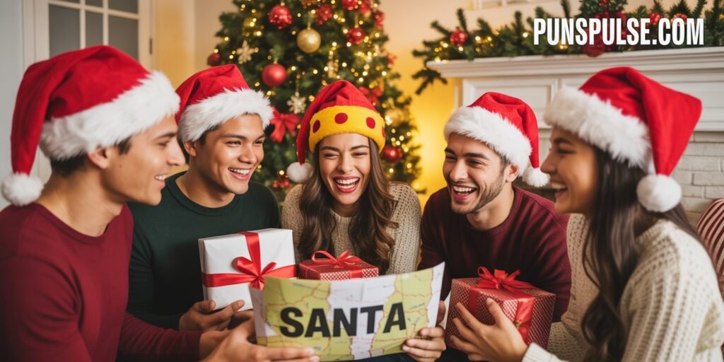 A warm indoor Christmas scene with a group of young adults of mixed ethnicities, including Hispanic and Caucasian men and women, gathered around a decorated Christmas tree. The tree is adorned with red ornaments, gold baubles, and twinkling lights. In the foreground, several people are wearing Santa hats in traditional red and white colors. One person is wearing a distinctive yellow and red polka dot hat. The group is holding wrapped presents with red ribbons and gift tags. One person is holding a map with "SANTA" written on it. The lighting is warm and cozy, creating a golden glow throughout the scene. The background shows holiday decorations and a white fireplace mantel partially visible. The overall color palette consists of deep greens from the Christmas tree, reds from the Santa hats and presents, and warm golden tones from the indoor lighting. The image captures a moment of joy and laughter as the group shares in the holiday spirit. at any corner of image there is url "PunsPulse.com" with large readable size and contrast font color.