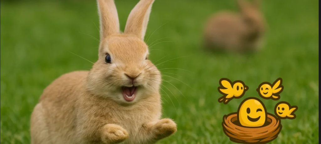 A close-up photograph of a light brown rabbit with its mouth open, running across a green grassy field, with a cartoon illustration of a smiling egg in a nest surrounded by three flying birds in the bottom right corner.
