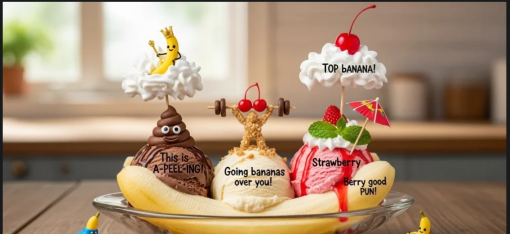 A playful food photograph of three ice cream scoops served in a hollowed-out banana on a glass plate, featuring chocolate, vanilla, and strawberry flavors. Each scoop is topped with whimsical decorations including a banana character on a cloud, a golden raisin figure lifting a cherry barbell, and a strawberry with a mint leaf and a small umbrella, all accompanied by punny text overlays.