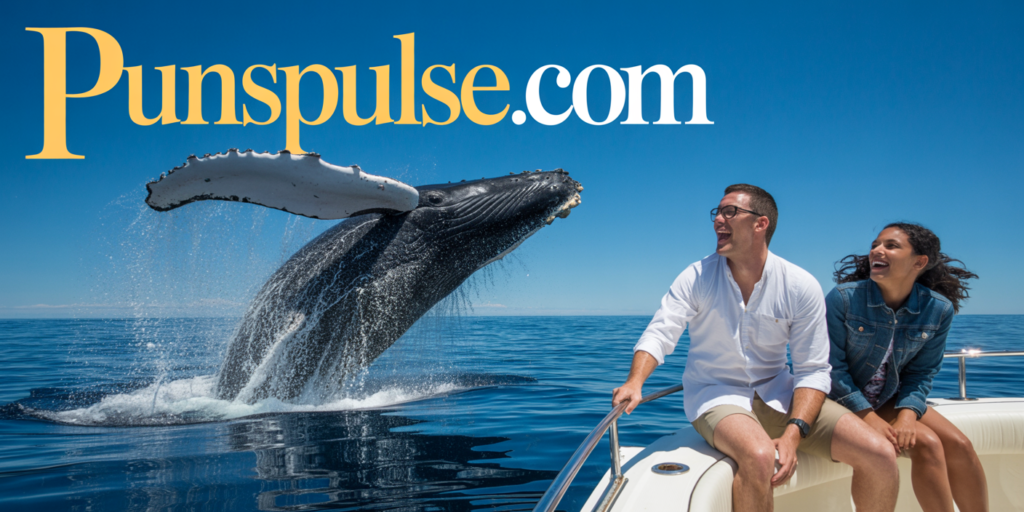 A cinematic photograph capturing a massive humpback whale breaching the ocean surface alongside a white boat, with two people sitting on the boat's side rail in pure excitement. The whale's enormous gray body is frozen mid-leap, its distinctive ridged forehead and upper body breaking through the dark blue water while creating dramatic white spray and splash. A caucasian man in a white button-up shirt and glasses sits beside a woman in a denim jacket, both laughing with joy as they witness this incredible moment on the boat's deck. The vast ocean stretches to the horizon under a brilliant blue sky, with the URL "PunsPulse.com" displayed in large, high-contrast lettering in one corner of the frame.