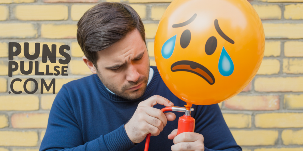 A close-up photograph of a man in a navy blue sweater concentrating intently as he inflates a large orange balloon using a red hand pump. The balloon features a distressed emoji face drawn in black marker, complete with a worried frown, teary eyes, and a deeply downturned mouth that conveys sadness and anxiety. He grips the pump firmly with both hands, his brow furrowed in focused determination as he works against the yellow brick wall behind him. The textured brick backdrop provides warm contrast to the smooth balloon surface, while even natural lighting illuminates the scene clearly, and "PunsPulse.com" appears in large, high-contrast lettering in one corner of the image.
