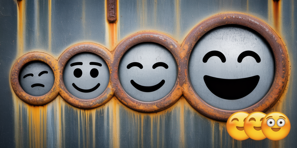 A close-up photograph of a weathered metal surface featuring four circular indentations carved into the rusted material, each revealing lighter gray metal beneath to form emoji-style faces. From left to right, the faces progress in size and expression: the smallest shows contentment with slightly squinted eyes, followed by a gentle smile with relaxed features, then a closed-mouth grin with happy squinted eyes, and finally the largest displaying pure joy with a wide open-mouthed smile and crinkled eyes. The surrounding metal shows rich patina with amber and orange rust streaks that naturally frame each carved face, creating organic border effects across the textured gray surface. In the bottom right corner, three small yellow emoji-style birds sit in a neat row, adding a playful contrast to the industrial weathered backdrop.