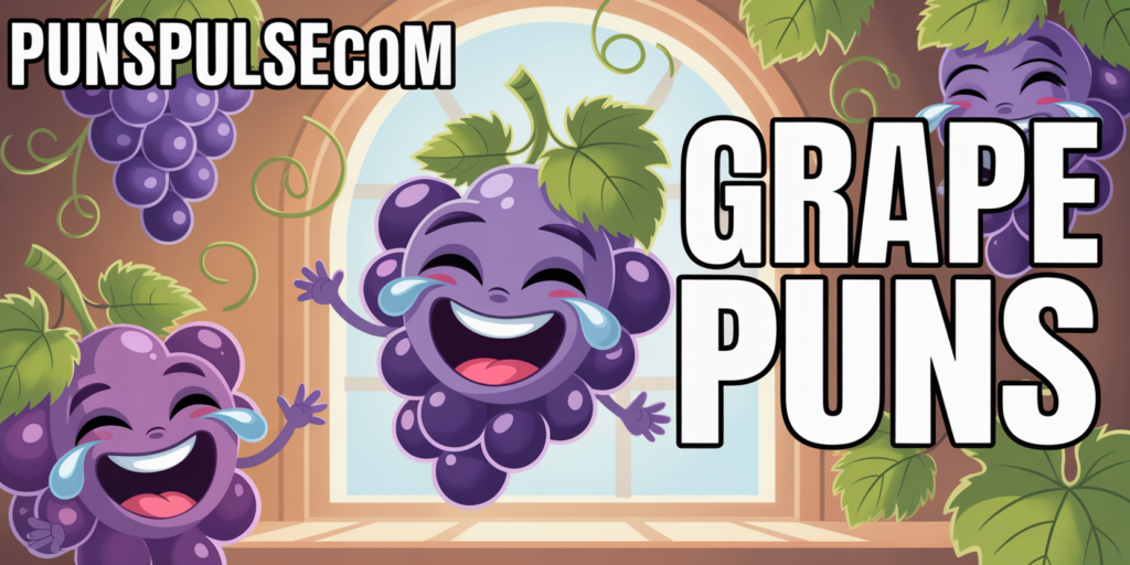 A digital cartoon illustration featuring adorable grape characters with expressive faces, laughing joyfully with tears of happiness streaming down their rosy cheeks. The central grape character is notably larger with a round belly, positioned prominently in front of a bright window that casts soft, natural lighting across the scene. The text "GRAPE PUNS" appears in bold white capital letters on the right side, while "PunsPulse.com" is displayed in large, high-contrast lettering at one corner of the image. Green grape leaves and curling vines are scattered throughout the warm brown-toned background, with clusters of purple grapes visible in the upper left, creating a playful composition rendered in a clean, modern cartoon style with smooth lines and gentle shadows.