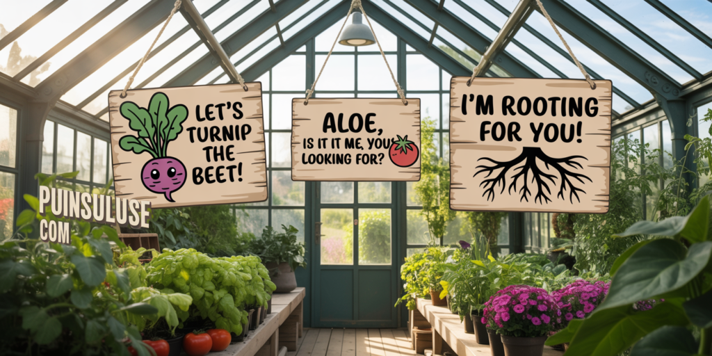 A digital illustration of a bright greenhouse interior with a slanted glass roof and metal framing, featuring three whimsical wooden signs hanging from the ceiling. The left sign displays "LET'S TURNIP THE BEET!" with a cheerful cartoon beet, the middle sign reads "ALOE, IS IT ME, YOU'RE LOOKING FOR?" with a small red tomato illustration, and the right sign shows "I'M ROOTING FOR YOU!" with detailed root drawings. The greenhouse is filled with lush green plants including leafy vegetables, potted tomatoes, and vibrant purple flowers arranged in a natural garden layout, casting soft shadows on the wooden floor. Natural sunlight streams through the glass panels creating a warm, inviting atmosphere, while "PunsPulse.com" appears in large, high-contrast lettering in one corner of the image.