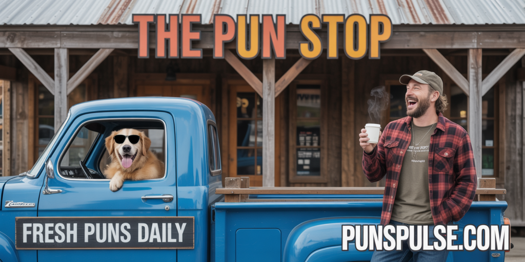 A humorous photograph of a rustic wooden storefront with a weathered corrugated metal roof and exposed wooden support beams. The building prominently displays "THE PUN STOP" in bold orange-red letters across the front, with a smaller black sign below reading "FRESH PUNS DAILY" in crisp white text. A vintage light blue pickup truck is parked directly in front, featuring a delighted golden retriever wearing dark sunglasses in the driver's seat, tongue hanging out in pure joy. To the right, a cheerful man in a red plaid flannel shirt and worn baseball cap stands beside the truck, holding a steaming coffee cup while laughing heartily, and in one corner of the image, "PunsPulse.com" appears in large, high-contrast lettering for clear readability.