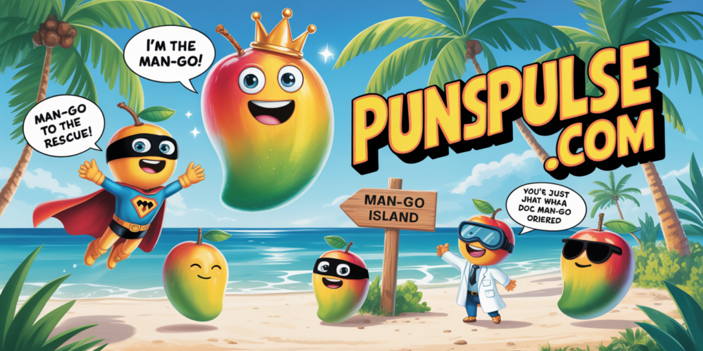 A vibrant cartoon illustration featuring animated mango characters enjoying a tropical beach paradise. The central character is a large, floating mango with a yellow-orange gradient wearing a golden crown, with speech bubble text reading "I'm the MAN-GO!" while a smaller superhero mango to the left sports a red cape and black mask in a dynamic pose with "MAN-go to the rescue!" A wooden directional signpost displays "MAN-go island" with an arrow, while scattered throughout the scene are additional mango characters including one in a white medical coat and blue goggles saying "You're just what the doc MAN-GO ordered" and another wearing cool sunglasses. The tropical setting showcases swaying palm trees with lush green fronds against a brilliant blue sky, pristine white sand, and crystal-clear turquoise ocean water, all rendered in a bright, cheerful color palette of greens, blues, and sunny yellow-orange tones, with "PunsPulse.com" prominently displayed in large, high-contrast text at one corner of the image.