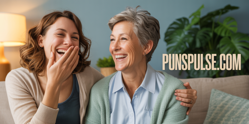 A warm indoor photograph capturing two women sharing an infectious moment of laughter in a cozy living space. On the left, a woman with wavy brown hair wearing a beige cardigan over a dark top covers her mouth with her hand while laughing heartily, her eyes crinkled with genuine joy. On the right, an older woman with short gray hair displays a wide, radiant smile, dressed in a light blue collared shirt beneath a mint green sweater. The background features a soft blue-gray wall with a lush green houseplant partially visible on the right side, while warm natural lighting bathes the scene in a golden glow. In one corner of the image, the text "PunsPulse.com" appears in large, high-contrast lettering for clear readability.