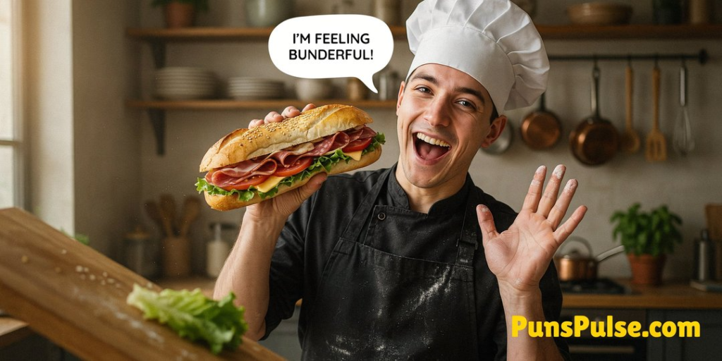 •
A casual iPhone snapshot of a young chef in a flour-dusted apron and white toque laughing as he holds up a large submarine sandwich, with a speech bubble reading 'I'M FEELING BUNDERFUL!' floating above, set against a warm home kitchen.
Compositional deconstruction
•
Background: Warm-toned home kitchen interior receding behind the chef. Open wooden shelving along the back wall holds stacked ceramic plates. A wall-mounted rail carries hanging copper saucepans catching ambient light. A row of wooden utensils — spatula, ladle, whisk — hangs from hooks beside them. Soft directional warmth spills across the scene from an off-frame window on the left, falling gently onto the shelves and copper. Fine Kodak Portra grain throughout for editorial lifestyle warmth.
Elements
•
Type: obj
•
Desc: Small potted basil plant sitting on the counter at mid-right background, green leafy sprigs in a terracotta pot, slightly out of focus.
•
Type: obj
•
Desc: Out-of-focus wooden cutting board slicing diagonally into the lower-left foreground edge, warm honey-toned wood grain visible, scattered stray flour flecks across its surface and one torn piece of crisp green lettuce resting near the edge.
•
Type: obj
•
Desc: Young Caucasian male chef anchored slightly right of center, filling roughly two-thirds of the frame height, body angled three-quarters toward camera with weight on the back foot. Mid-laugh, wide-open-mouthed grin showing teeth, eyes crinkled with joy, looking directly at the camera. Tall pleated white chef's toque. Black canvas apron heavily dusted with powdery white flour across the chest and straps, catching light along the folds. Dark fitted shirt beneath. His skin has a natural, detailed texture; brown eyes catching the warm window light. Right arm raised holding the sandwich aloft at shoulder height; left hand raised palm-out beside the sandwich, palm coated in a powdery layer of white flour with visible smudges on the fingers.
•
Type: obj
•
Desc: Large submarine sandwich held aloft in the chef's right hand at shoulder height, occupying upper-center frame. Crusty toasted golden-brown roll sliced lengthwise, sesame seeds scattered on the top crust. Visible layers inside: crisp green lettuce ruffles, thick red tomato slices, folded prosciutto and salami in pink and marbled tones, melted yellow cheese peeking out the end.
•
Type: obj
•
Desc: White rounded speech bubble floating in the upper-center negative space above the sandwich, clean flat white fill with a thin black outline, small tail pointing down toward the chef's mouth.
•
Type: text
•
Text: I'M FEELING BUNDERFUL!
•
Desc: Medium-sized text centered inside the white speech bubble above the sandwich. Bold sans-serif caps, solid black, horizontal, centered alignment.
•
Type: text
•
Text: PunsPulse.com
•
Desc: Large readable watermark in the lower-right corner of the image. Chunky condensed sans-serif, bright yellow, horizontal, right-aligned, high contrast against the darker wood-and-copper backdrop.