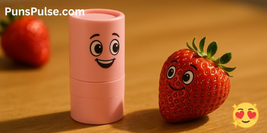 •
A playful product photograph pairing a cartoon-faced pink lip balm tube with an anthropomorphized strawberry on a warm wooden tabletop, both characters facing each other with matching cheerful expressions.
Compositional deconstruction
•
Background: Warm honey-toned wooden tabletop fills the frame edge-to-edge, visible grain running horizontally across the surface. Soft diffused daylight enters from the upper-left, producing gentle shadows trailing to the lower-right across the wood. Neutral-to-slightly-warm white balance keeps colors clean and saturated. Eye-level framing slightly above the objects.
Elements
•
Type: obj
•
Desc: Soft out-of-focus second ripe red strawberry resting on its side in the deep background-left, partially cropped by the left edge of the frame. Glossy red skin with green leafy calyx visible, rendered with mild focus falloff.
•
Type: obj
•
Desc: Light pink cylindrical lip balm tube standing upright slightly left of center, occupying roughly 50% of the frame height as a focal subject. Simple cartoon face drawn directly on the tube body — two large round black eyes with white catchlights, raised arched eyebrows above them, wide upturned smiling mouth beneath. Facing the camera in three-quarter front view, gaze directed toward the strawberry at right.
•
Type: obj
•
Desc: Fresh ripe red strawberry anchored to the right of the lip balm, occupying roughly 50% of the frame height as a focal subject. Glossy textured red skin dotted with tiny yellow seeds, green leafy calyx on top. Cartoon face painted on its front — large round black eyes with white catchlights and a cheerful curved smile. Facing the camera in three-quarter front view, gaze directed toward the lip balm at left.
•
Type: obj
•
Desc: Cluster of small yellow emoji-style icons in the bottom-right corner — a winking face with one eye closed, a heart-eyes face with red hearts for eyes, and a small star burst. Bright saturated yellow with thin dark outlines.
•
Type: text
•
Text: PunsPulse.com
•
Desc: Large readable sans-serif text in the top-left corner, crisp white with subtle dark outline for contrast against the wood. Horizontal, left-aligned.