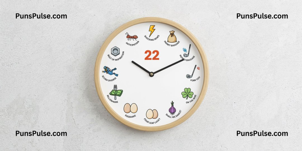 High level description
•
A wide horizontal lifestyle product shot of a playful pun-themed analog wall clock with twelve illustrated icons and curved labels around the dial, mounted on a textured off-white plaster wall, with 'PunsPulse.com' marks in all four corners.
Compositional deconstruction
•
Background: Textured off-white plaster wall filling the frame, with subtle mottled grain catching soft natural daylight raking from the upper-left. A gentle diffuse contact shadow falls down and to the right beneath the clock, anchoring it to the wall. Neutral cool-toned white balance throughout.
Elements
•
Type: obj
•
Desc: Round analog wall clock anchored slightly left of center, large, dominating roughly 60% of the frame height. Light natural oak wooden frame with smooth matte finish, white face. Slim black hour and minute hands set at roughly 10:10, small black center pin.
•
Type: obj
•
Desc: Small ant icon at the 12 position on the clock face, flat-vector style with thin black outline and soft pastel fill, three body segments and antennae visible.
•
Type: obj
•
Desc: Hexagonal metal bolt icon at the 1 position, flat-vector style with thin black outline and soft grey-blue pastel fill.
•
Type: obj
•
Desc: Jagged lightning bolt icon at the 2 position, flat-vector style with thin black outline and soft yellow pastel fill.
•
Type: obj
•
Desc: Tan money bag tied at the top at the 3 position, flat-vector style with thin black outline and soft tan pastel fill, drawstring cinched at the neck.
•
Type: obj
•
Desc: Scuba diver icon in profile at the 4 position, flat-vector style with thin black outline and soft blue pastel fill, showing tank on back and fins on feet.
•
Type: obj
•
Desc: Golf club head icon at the 5 position, flat-vector style with thin black outline and soft silver-grey pastel fill, angled clubhead shape.
•
Type: obj
•
Desc: Folded dollar bill icon at the 6 position, flat-vector style with thin black outline and soft green pastel fill, folded rectangular shape.
•
Type: obj
•
Desc: Silver fork icon upright at the 7 position, flat-vector style with thin black outline and soft silver-grey pastel fill, tines pointing up.
•
Type: obj
•
Desc: Four-leaf clover icon at the 8 position, flat-vector style with thin black outline and soft green pastel fill, four heart-shaped leaves.
•
Type: obj
•
Desc: Two brown eggs side by side at the 9 position, flat-vector style with thin black outline and soft cream-tan pastel fill.
•
Type: obj
•
Desc: Purple shallot bulb icon with root hairs at the 10 position, flat-vector style with thin black outline and soft purple pastel fill, teardrop shape with fine roots trailing below.
•
Type: obj
•
Desc: Second golf club head icon at the 11 position, mirroring the one at 5, flat-vector style with thin black outline and soft silver-grey pastel fill.
•
Type: text
•
Text: 22
•
Desc: Large bold sans-serif numerals centered on the clock face between the hands, saturated orange, horizontal, the visual punchline of the design.
•
Type: text
•
Text: ANTICIPATION
•
Desc: Small tracked uppercase sans-serif label curved along the inside edge of the wooden frame beneath the ant icon at the 12 position, deep charcoal ink.
•
Type: text
•
Text: BOLT OF INSPIRATION
•
Desc: Small tracked uppercase sans-serif label curved along the inside edge of the wooden frame beneath the bolt icon at the 1 position, deep charcoal ink.
•
Type: text
•
Text: SHOCKING NEWS
•
Desc: Small tracked uppercase sans-serif label curved along the inside edge of the wooden frame beneath the lightning bolt icon at the 2 position, deep charcoal ink.
•
Type: text
•
Text: MONEY BAGGAGE
•
Desc: Small tracked uppercase sans-serif label curved along the inside edge of the wooden frame beneath the money bag icon at the 3 position, deep charcoal ink.
•
Type: text
•
Text: SCUBA DIVERSE
•
Desc: Small tracked uppercase sans-serif label curved along the inside edge of the wooden frame beneath the scuba diver icon at the 4 position, deep charcoal ink.
•
Type: text
•
Text: CLUBHOUSE
•
Desc: Small tracked uppercase sans-serif label curved along the inside edge of the wooden frame beneath the golf club icon at the 5 position, deep charcoal ink.
•
Type: text
•
Text: BILLIONAIRE
•
Desc: Small tracked uppercase sans-serif label curved along the inside edge of the wooden frame beneath the dollar bill icon at the 6 position, deep charcoal ink.
•
Type: text
•
Text: FORK YOU
•
Desc: Small tracked uppercase sans-serif label curved along the inside edge of the wooden frame beneath the fork icon at the 7 position, deep charcoal ink.
•
Type: text
•
Text: FOUR LEAF LUCKY
•
Desc: Small tracked uppercase sans-serif label curved along the inside edge of the wooden frame beneath the clover icon at the 8 position, deep charcoal ink.
•
Type: text
•
Text: EGGSHAKE
•
Desc: Small tracked uppercase sans-serif label curved along the inside edge of the wooden frame beneath the eggs icon at the 9 position, deep charcoal ink.
•
Type: text
•
Text: SHALL WE DANCE?
•
Desc: Small tracked uppercase sans-serif label curved along the inside edge of the wooden frame beneath the shallot icon at the 10 position, deep charcoal ink.
•
Type: text
•
Text: ON THE NINE
•
Desc: Small tracked uppercase sans-serif label curved along the inside edge of the wooden frame beneath the second golf club icon at the 11 position, deep charcoal ink.
•
Type: text
•
Text: PunsPulse.com
•
Desc: Large bold sans-serif text in the upper-left corner of the image, deep charcoal against the off-white wall, horizontal, left-aligned.
•
Type: text
•
Text: PunsPulse.com
•
Desc: Large bold sans-serif text in the upper-right corner of the image, deep charcoal against the off-white wall, horizontal, right-aligned.
•
Type: text
•
Text: PunsPulse.com
•
Desc: Large bold sans-serif text in the lower-left corner of the image, deep charcoal against the off-white wall, horizontal, left-aligned.
•
Type: text
•
Text: PunsPulse.com
•
Desc: Large bold sans-serif text in the lower-right corner of the image, deep charcoal against the off-white wall, horizontal, right-aligned.