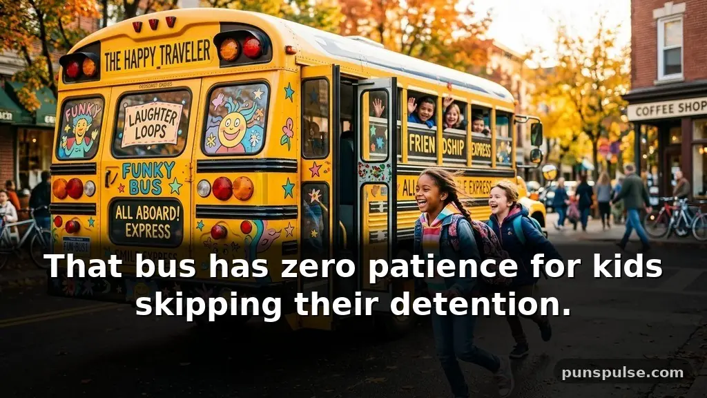 Funny bus puns featuring classic school bus imagery